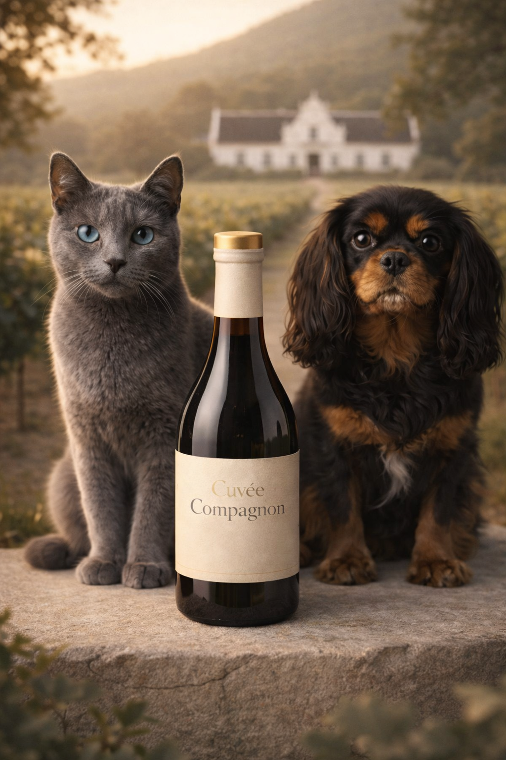 Cat and dog sitting next to a bottle of Cçvee Campagnion wine with a scenic background.
